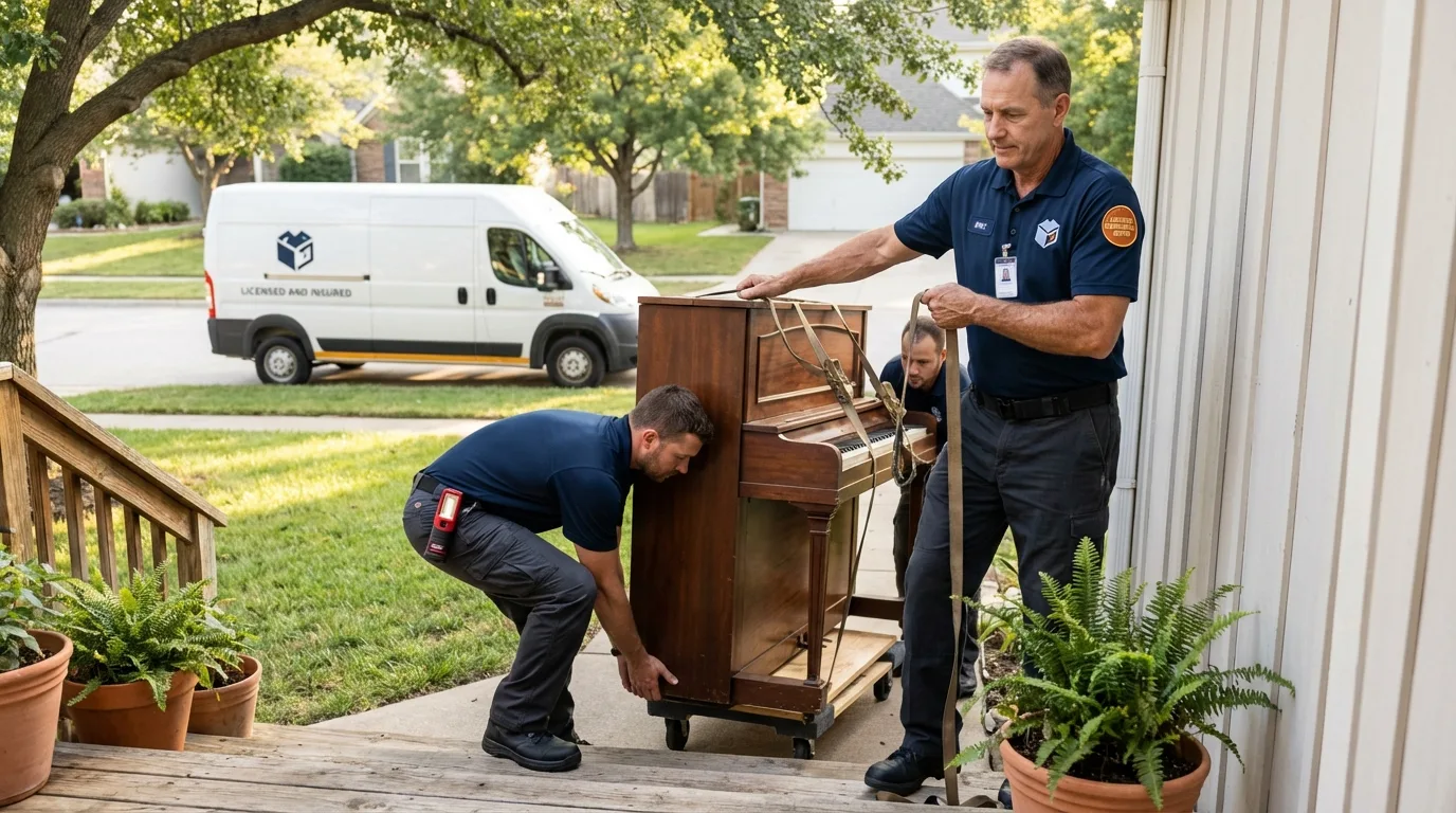 Licensed piano movers securing grand piano in Vienna, WV
