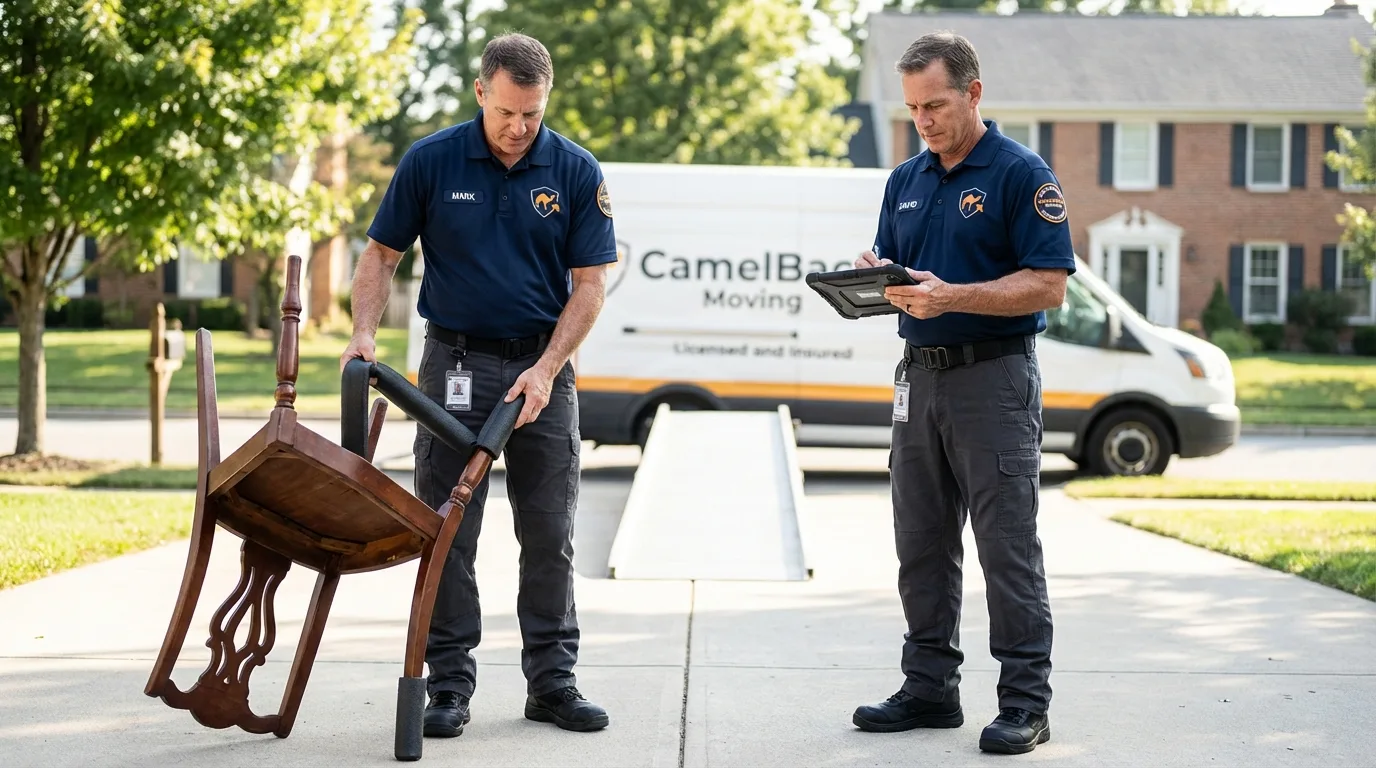 Movers inspecting furniture for damage prevention before loading in Vienna, WV