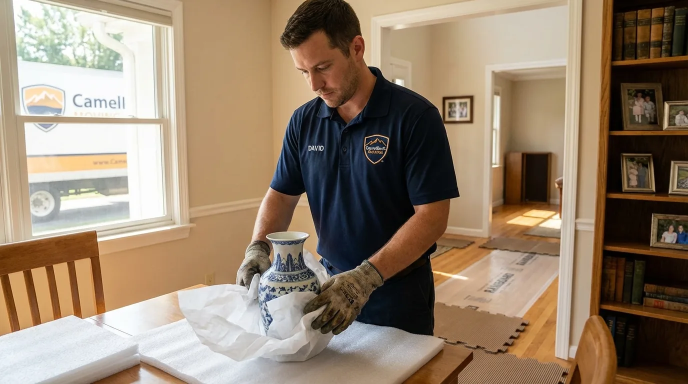 Professional crew carefully wrapping antique vase for senior downsizing move in Vienna, WV